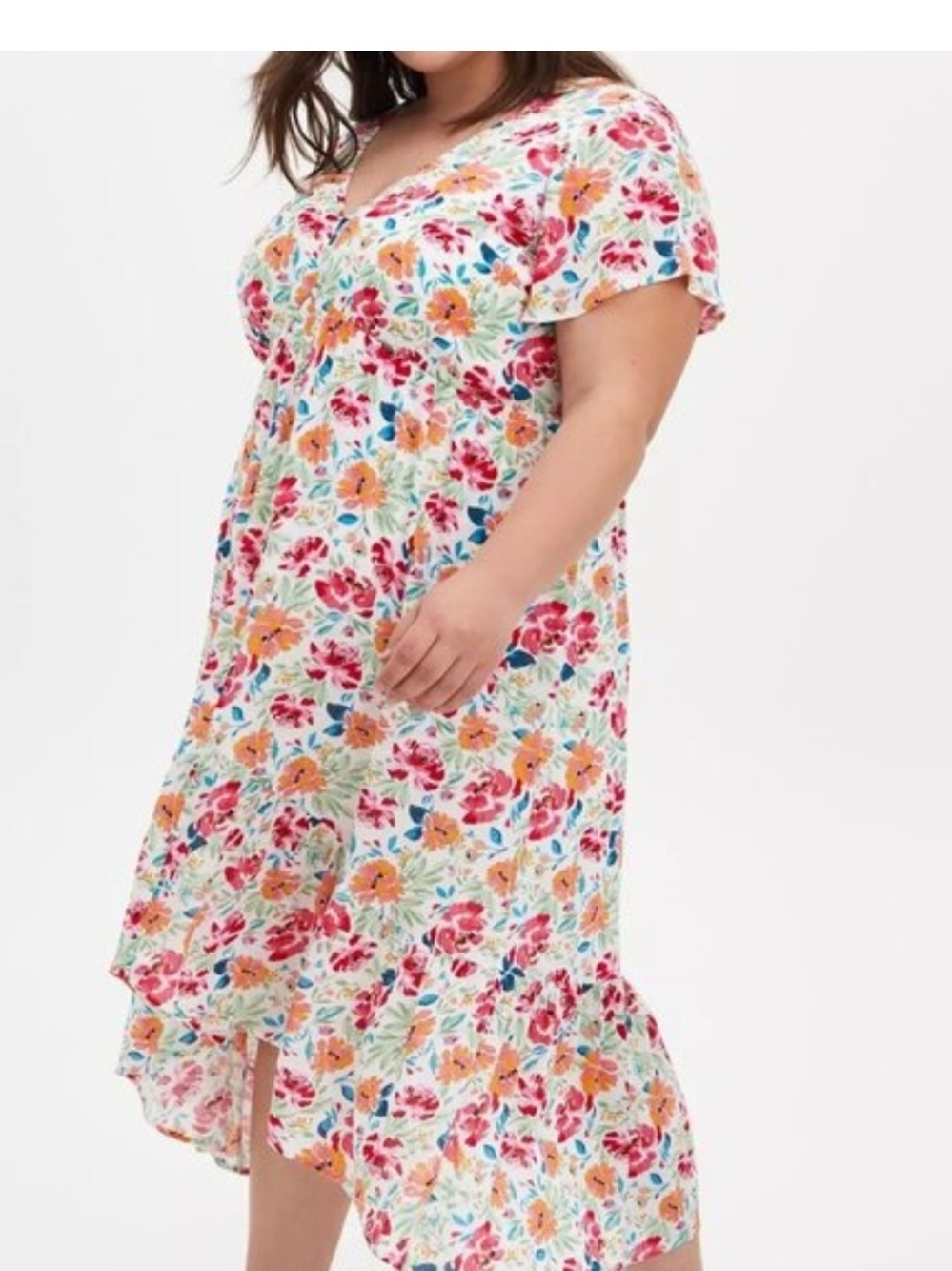 Floral V-Neck Midi Dress - White Multi. Fistail Flounce. Super Confortable